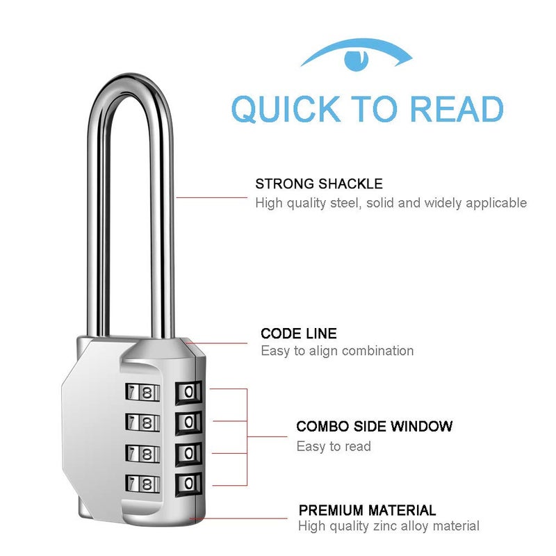 Disecu 2 Pack disecu 2.6 Inch Long Shackle Combination Lock, 4 Digit Outdoor Waterproof Padlock for School Gym Locker, Sports Locker, Storage Unit, Gate, Fence, Toolbox, Cabinet (Silver) - Image 2
